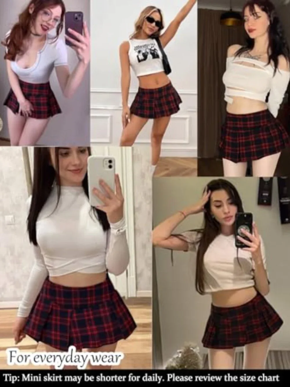Women's Pleated Plaid Mini Skirt Elastic Waist, Sexy Schoolgirl Costume with
